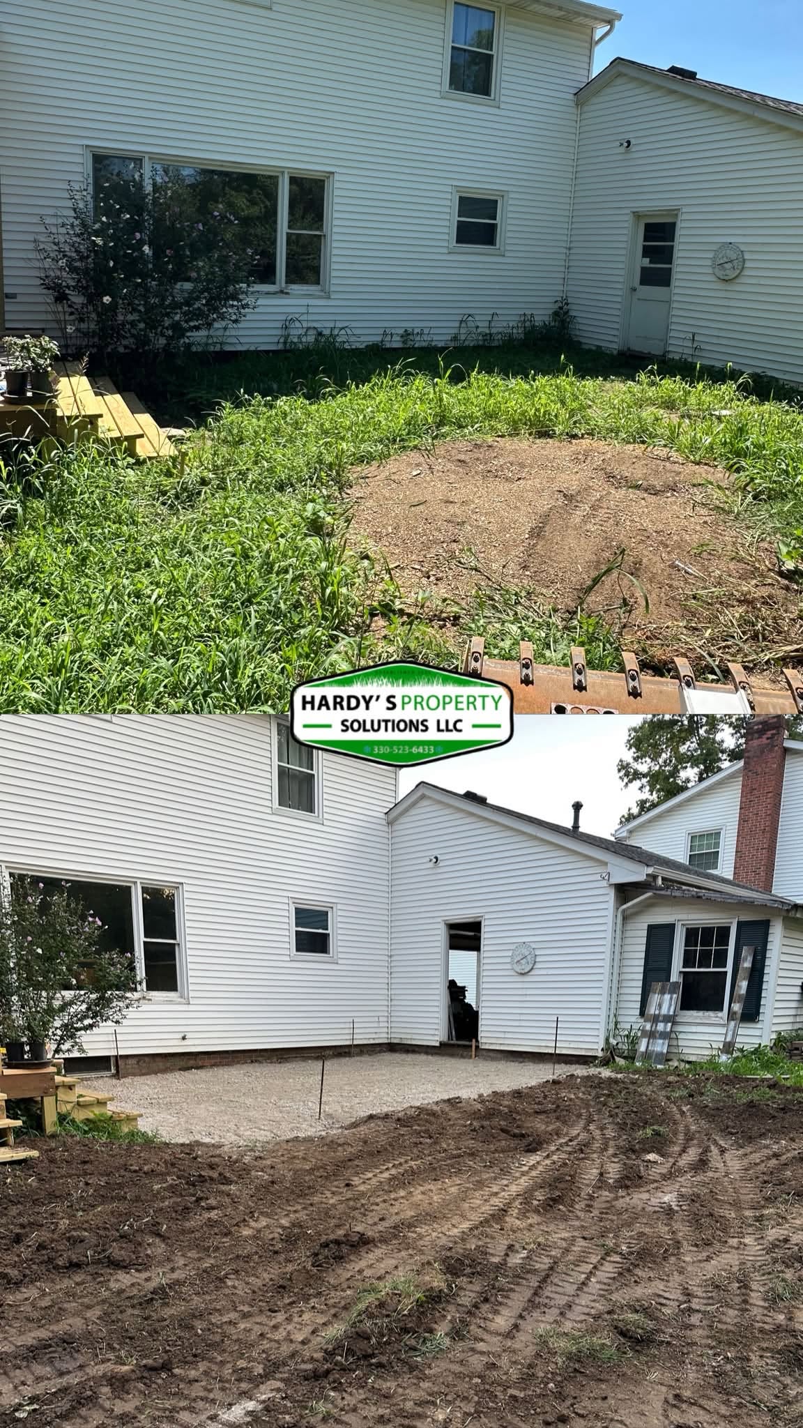 Before-and-after backyard grading and compacted gravel pad installation
