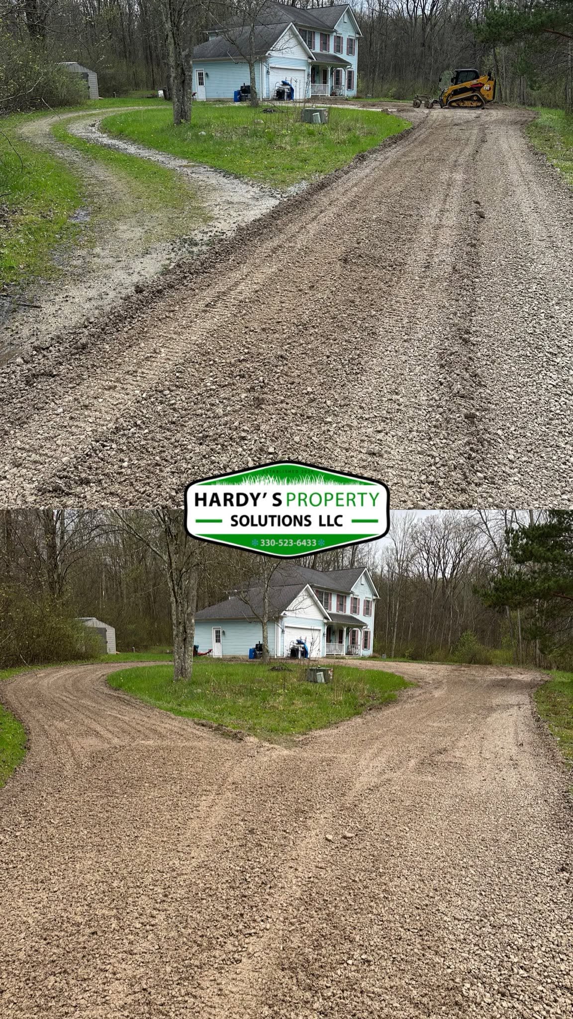 Before-and-after grading and resurfacing of a circular gravel driveway