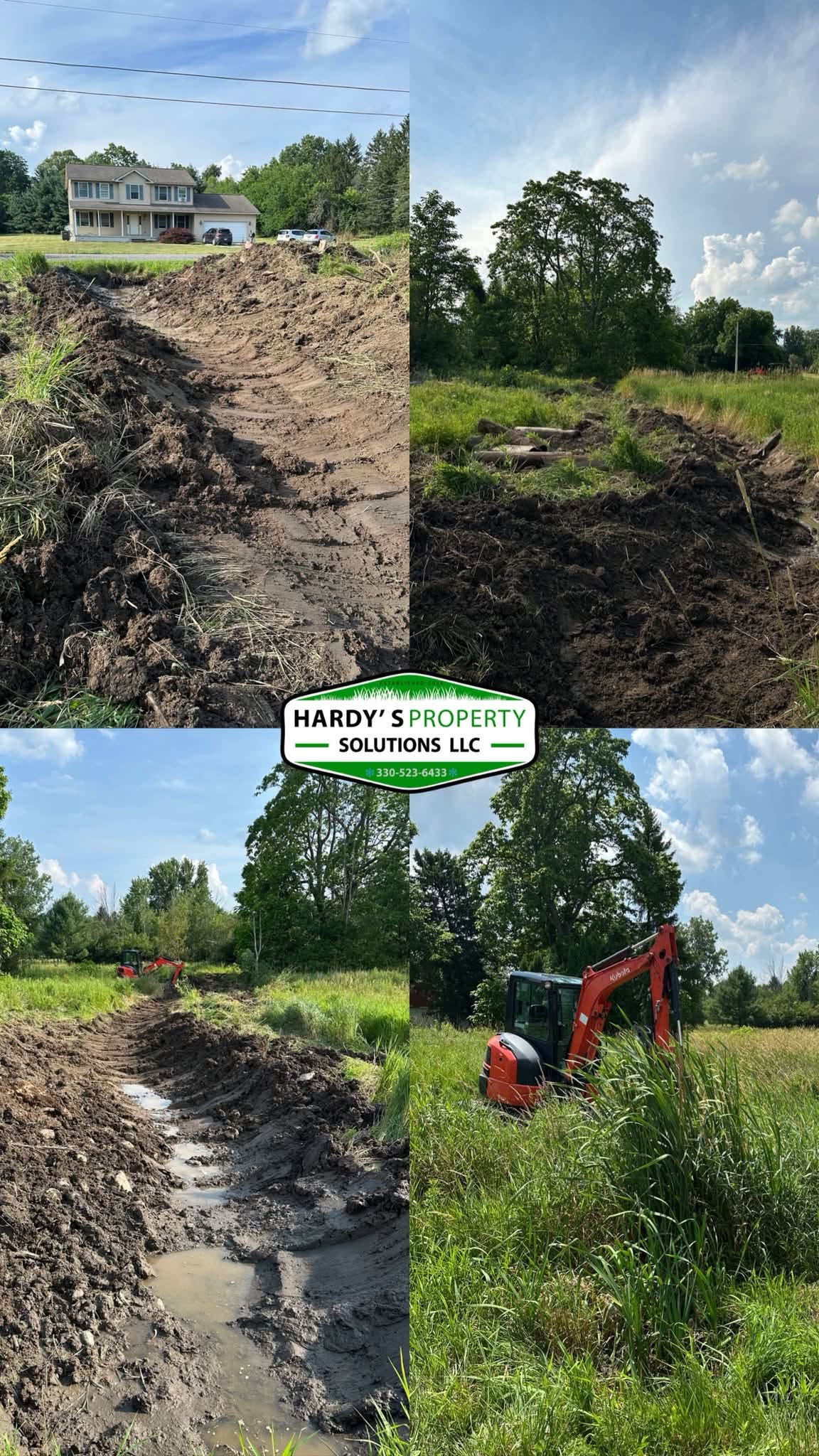Excavators clearing and reshaping a drainage channel on a residential property