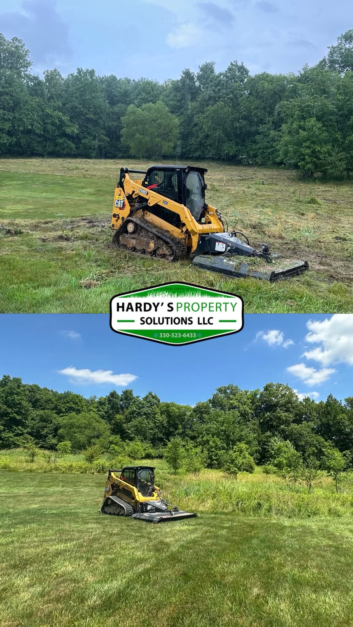 Tracked skid steer mowing tall grass and brush on a rural property