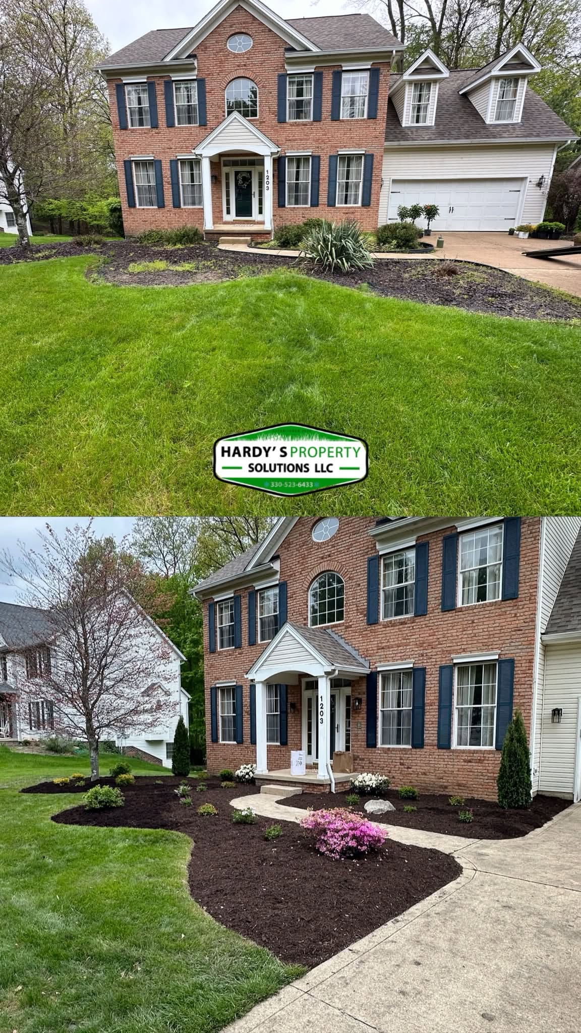 Before-and-after front yard mulch installation and planting bed cleanup