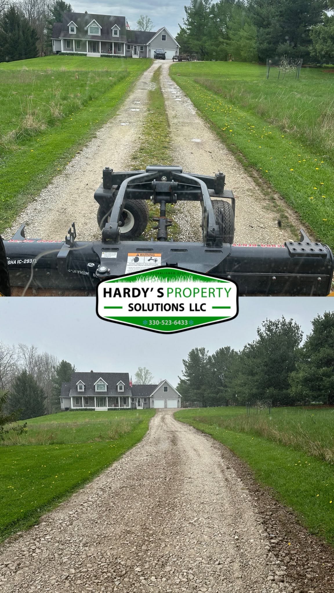Before-and-after grading and resurfacing of a long gravel driveway