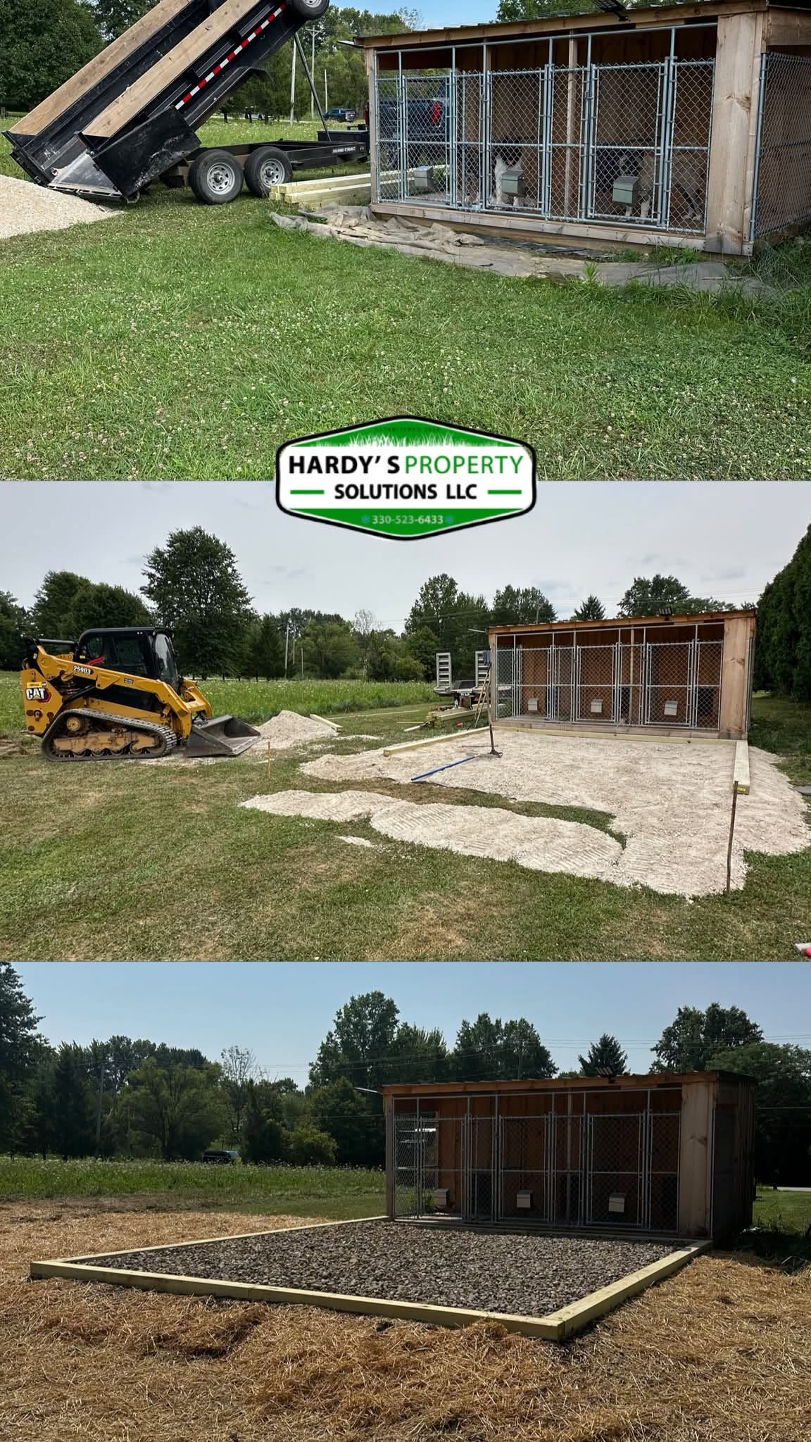Before-and-after gravel pad installation around an outdoor kennel