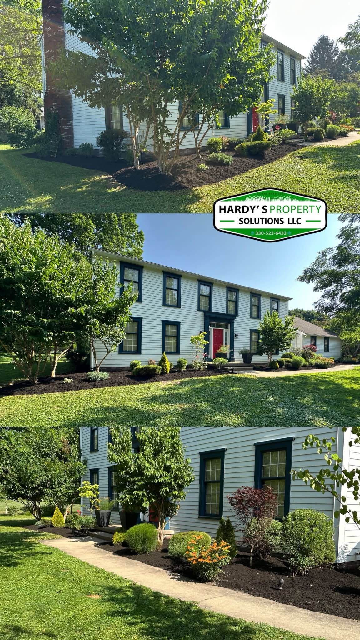 Fresh dark mulch installed around trees and shrubs at a residential property