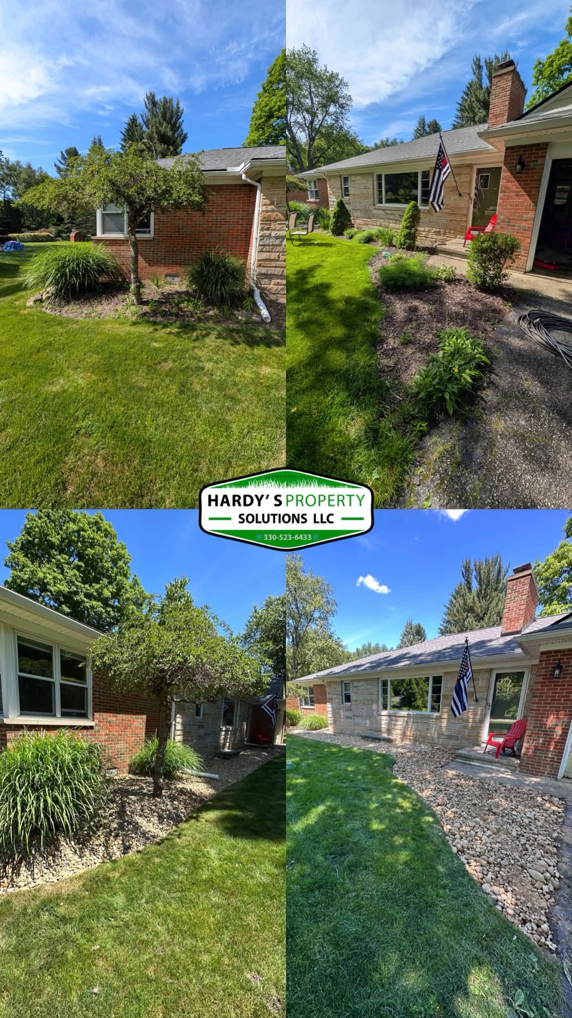 Before-and-after river rock landscape bed installation around a residential home
