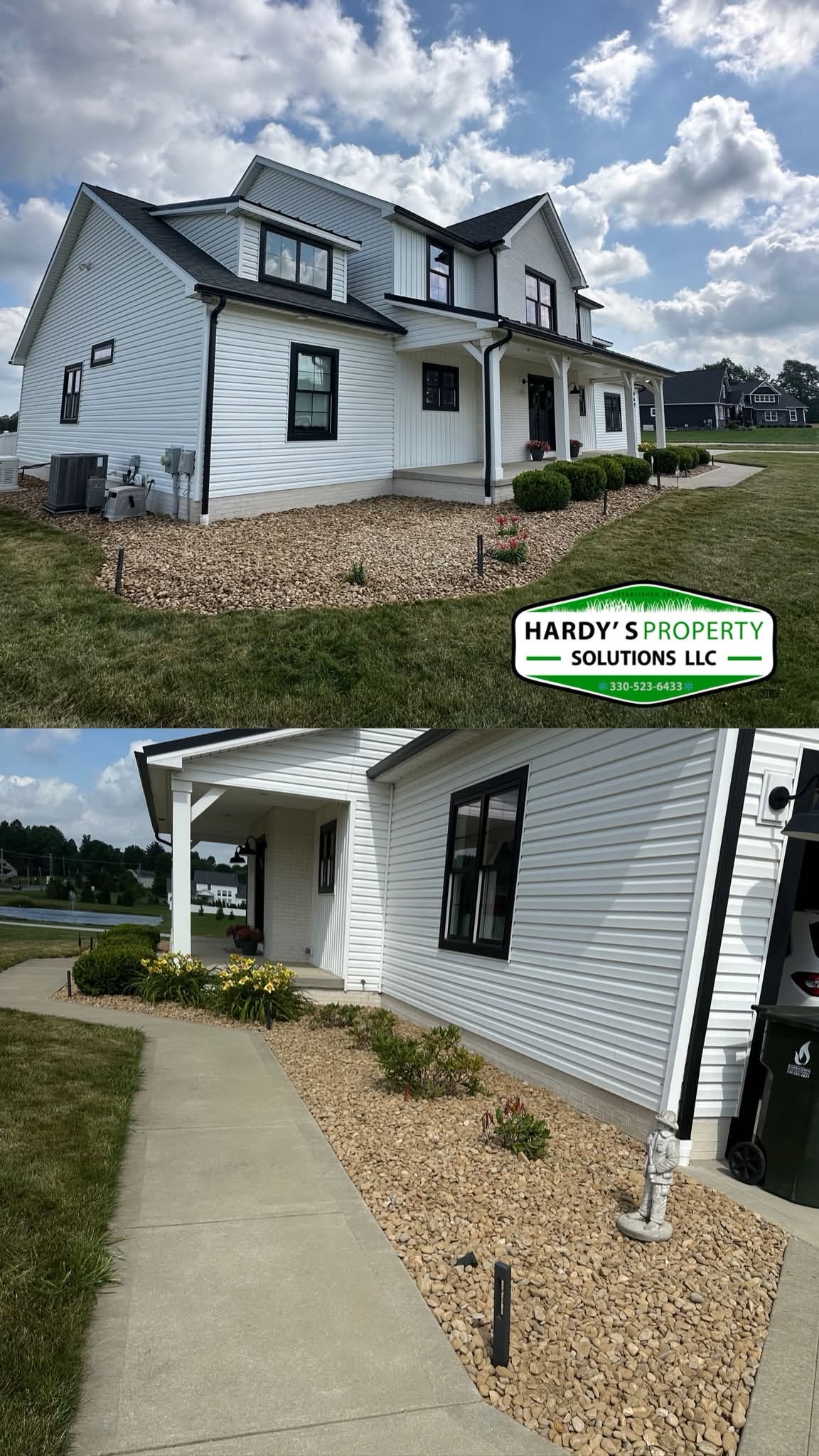River rock landscape beds installed around a white home