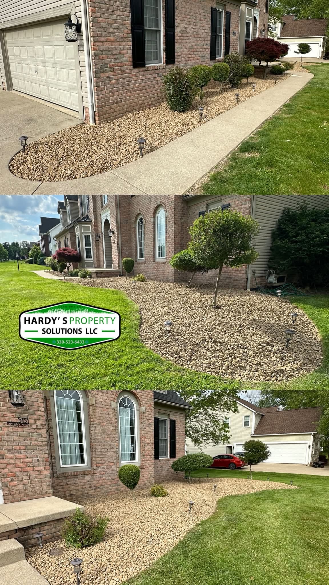 River rock landscape beds installed along a brick home and walkway