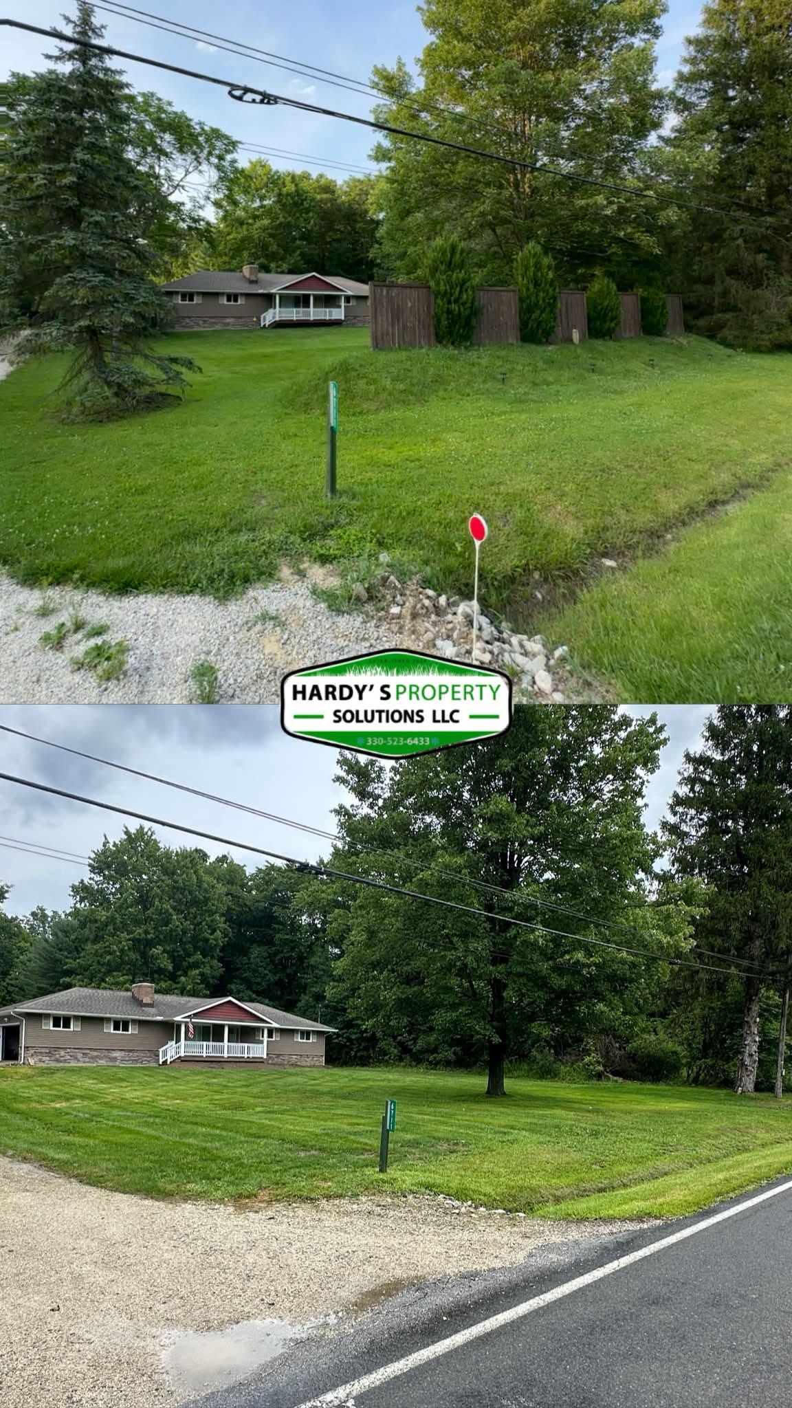 Before-and-after roadside ditch cleanup and lawn restoration