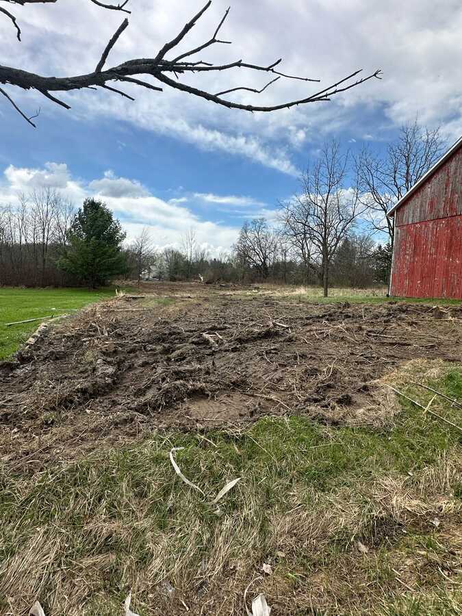 Recently cleared lot beside a red barn